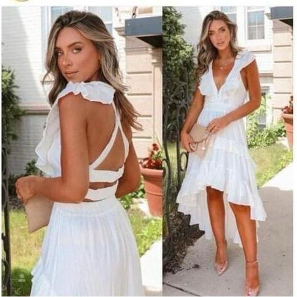 NWT DO+BE Women's White Ruffled Boho V Neck High Low Dress Size Small